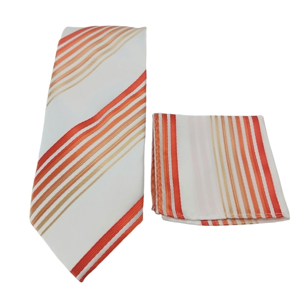 Berlioni Italy Striped Mens Tie & Pocket Square Orange White Set Microfiber 60” - Picture 1 of 10